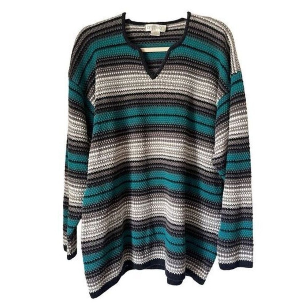 S4 90s VTG Cattivo Striped V Neck Long‎ Sleeve Sweater Teal